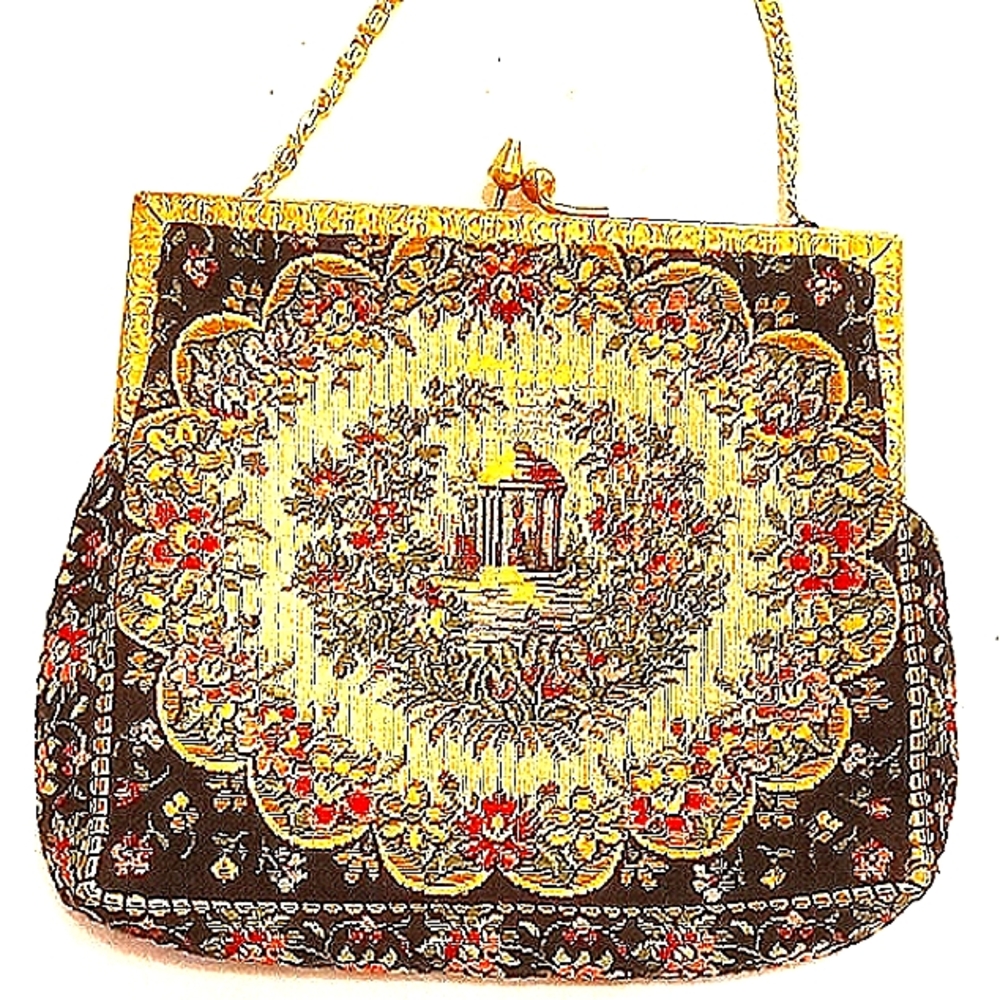Vintage Black & Gold tapestry mini bag with Gold Chain strap. Made in France.